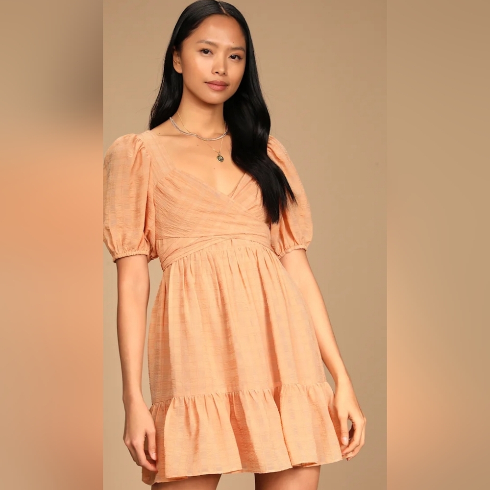 Lulu's Peach Puff Sleeve Mini Dress